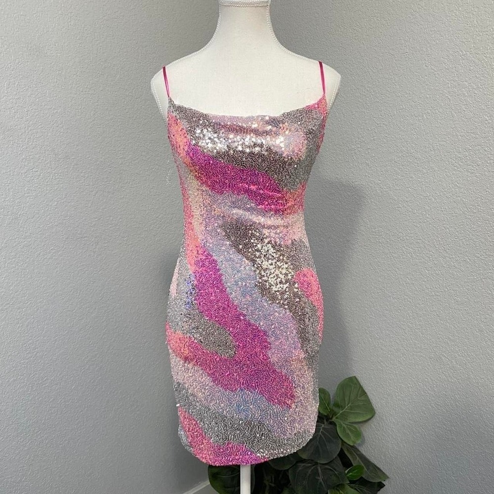 SEQUIN MINI DRESS Y2K BADDIE MCBLING PINK SILVER SPAGHETTI ADJUSTABLE STRAPS
